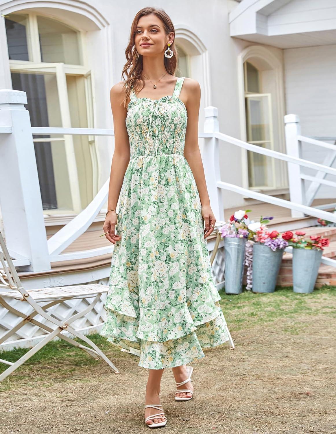 imageGRACE KARIN Womens 2025 Summer Floral Boho Dress Square Neck Strapped Swing A Line Sundress Beach Long Maxi OutfitsGreen White