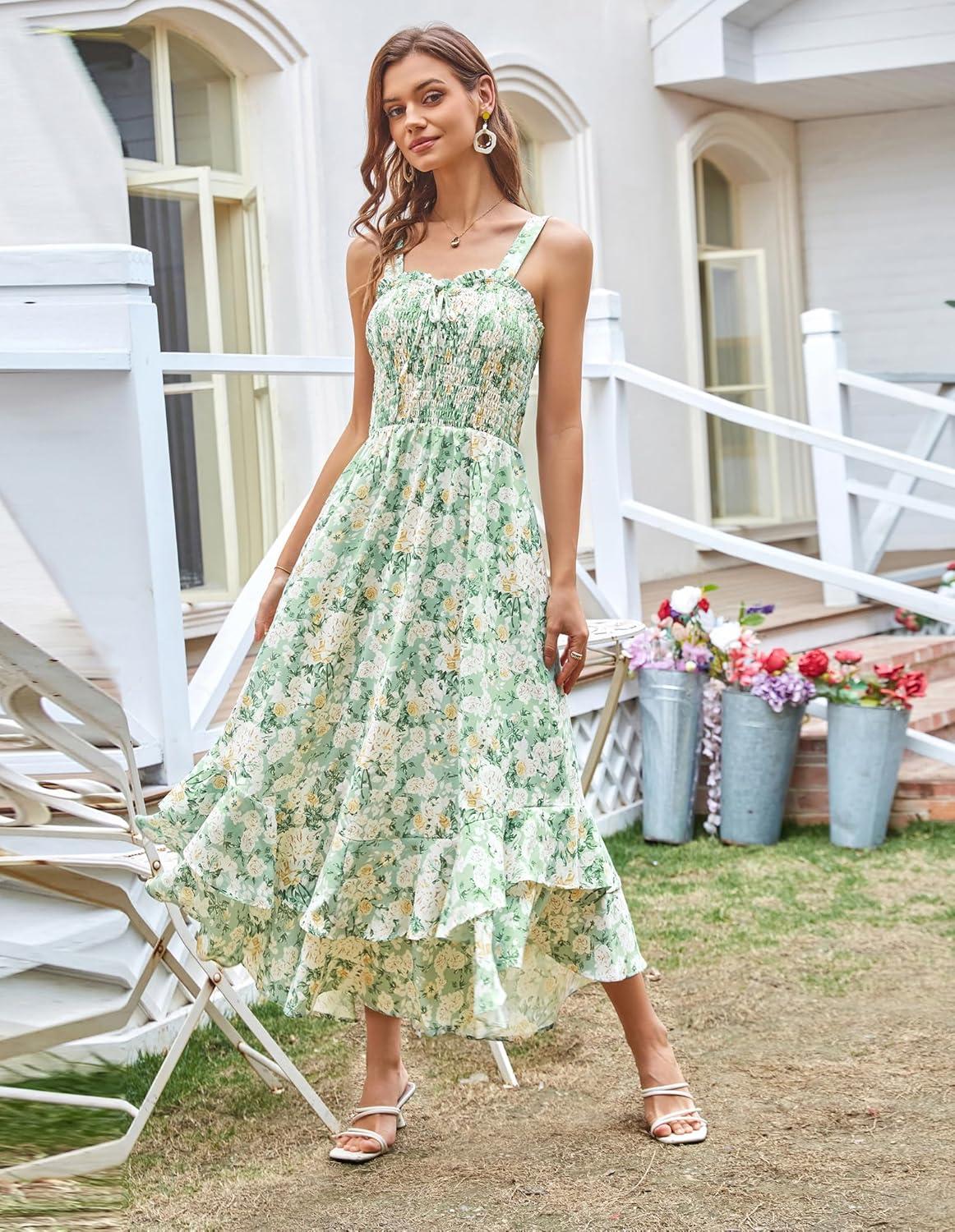 imageGRACE KARIN Womens 2025 Summer Floral Boho Dress Square Neck Strapped Swing A Line Sundress Beach Long Maxi OutfitsGreen White