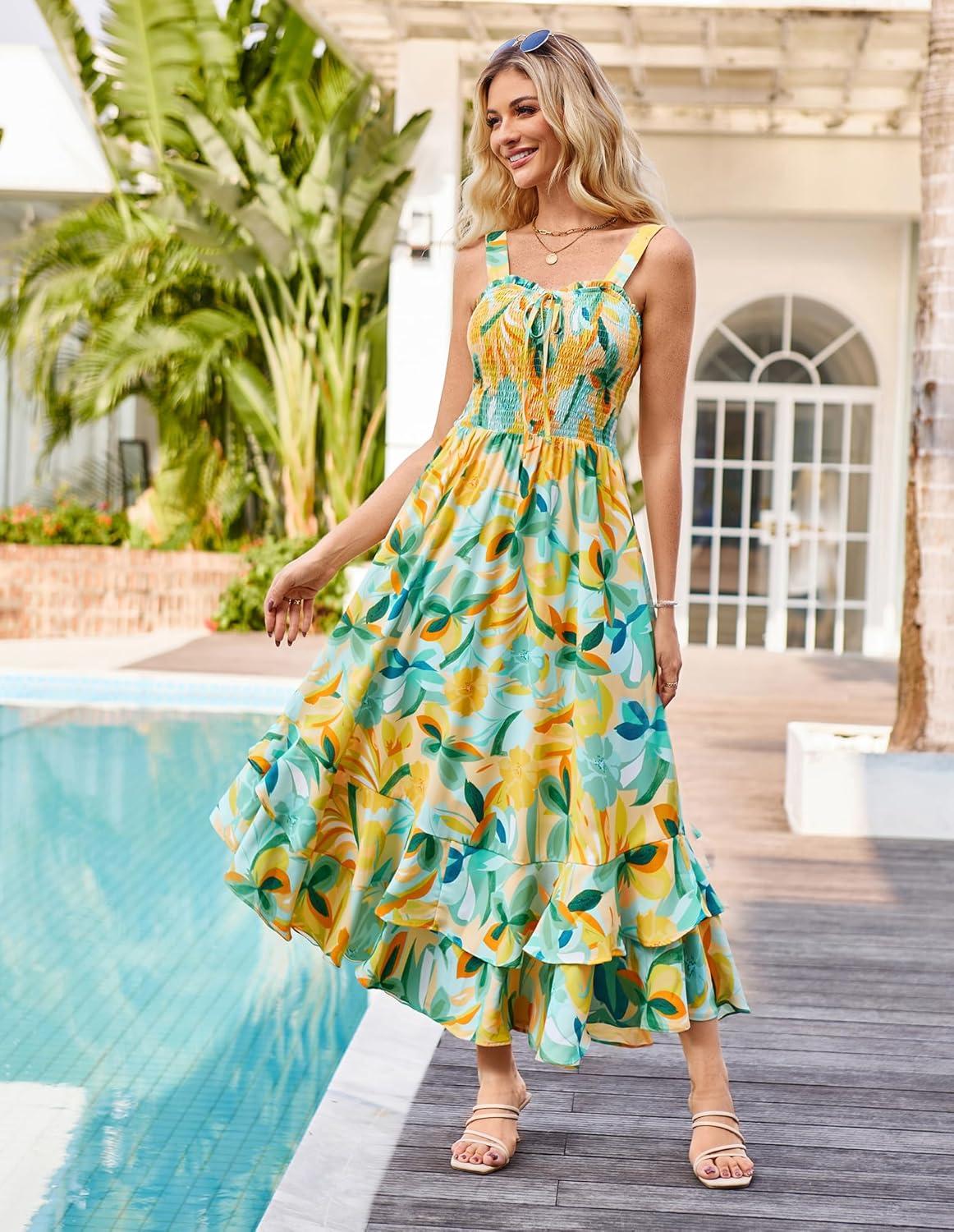 imageGRACE KARIN Womens 2025 Summer Floral Boho Dress Square Neck Strapped Swing A Line Sundress Beach Long Maxi OutfitsGreen Yellow