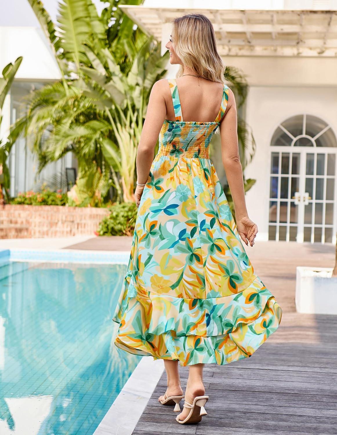 imageGRACE KARIN Womens 2025 Summer Floral Boho Dress Square Neck Strapped Swing A Line Sundress Beach Long Maxi OutfitsGreen Yellow