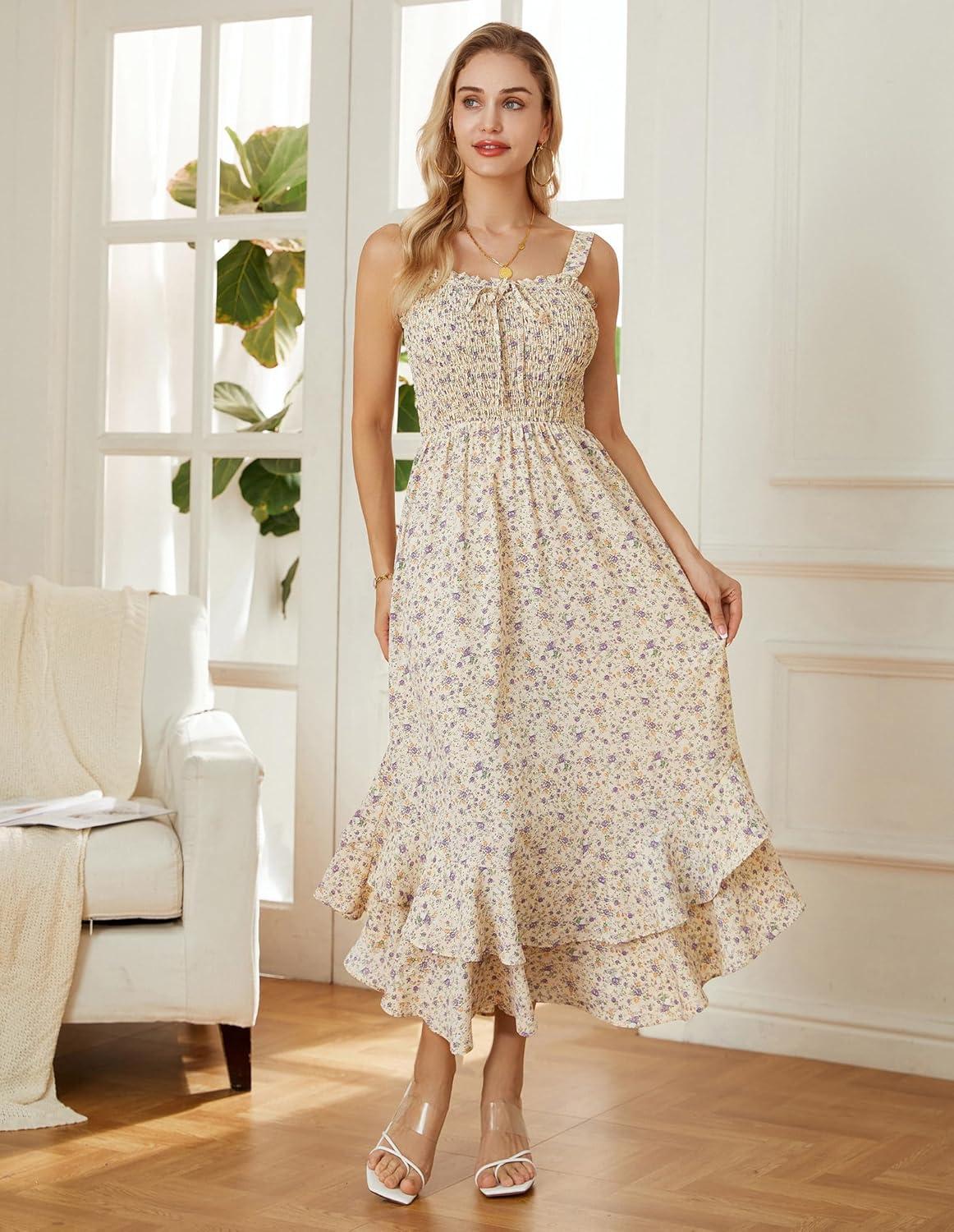 imageGRACE KARIN Womens 2025 Summer Floral Boho Dress Square Neck Strapped Swing A Line Sundress Beach Long Maxi OutfitsLight Yellow