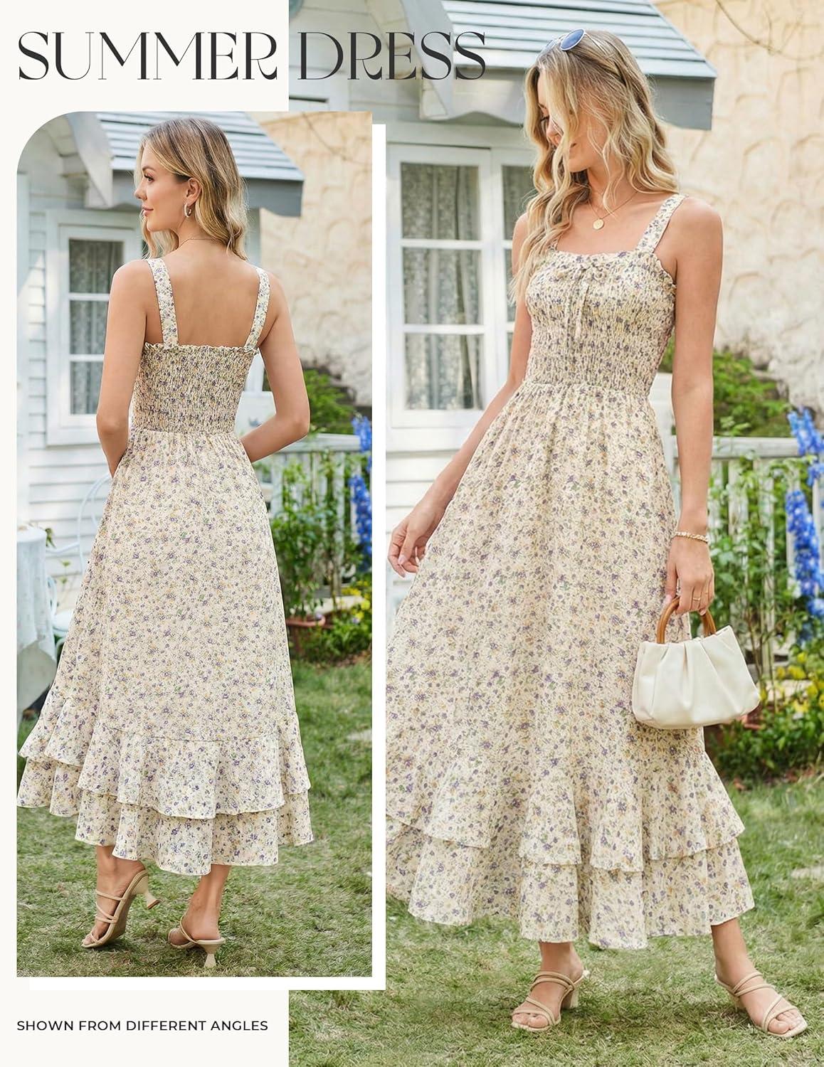 imageGRACE KARIN Womens 2025 Summer Floral Boho Dress Square Neck Strapped Swing A Line Sundress Beach Long Maxi OutfitsLight Yellow