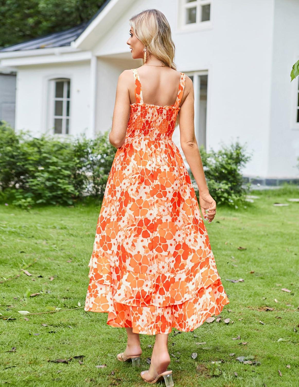 imageGRACE KARIN Womens 2025 Summer Floral Boho Dress Square Neck Strapped Swing A Line Sundress Beach Long Maxi OutfitsOrange