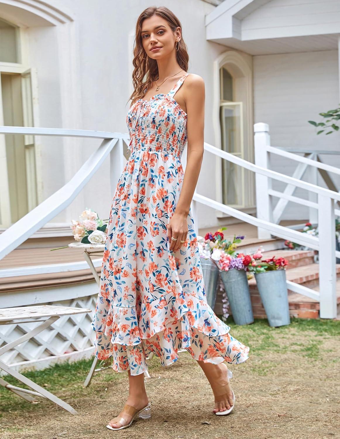 imageGRACE KARIN Womens 2025 Summer Floral Boho Dress Square Neck Strapped Swing A Line Sundress Beach Long Maxi OutfitsOrange Floral