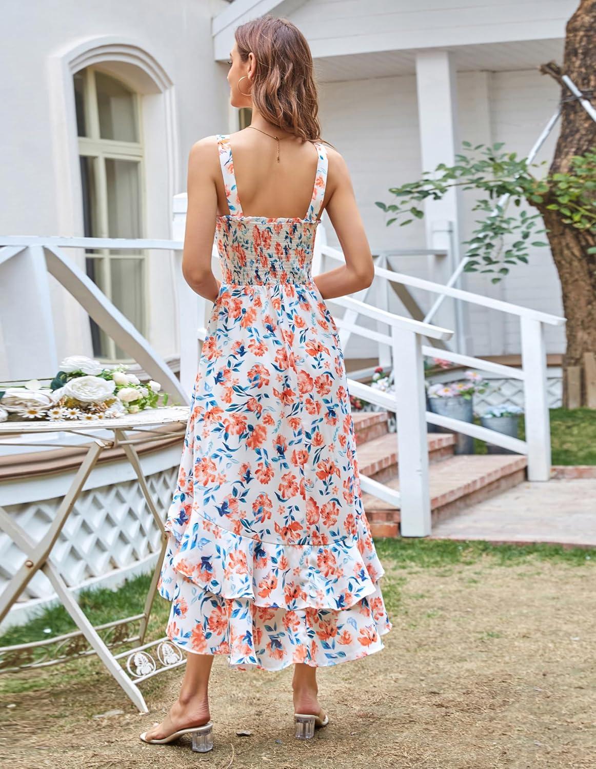 imageGRACE KARIN Womens 2025 Summer Floral Boho Dress Square Neck Strapped Swing A Line Sundress Beach Long Maxi OutfitsOrange Floral