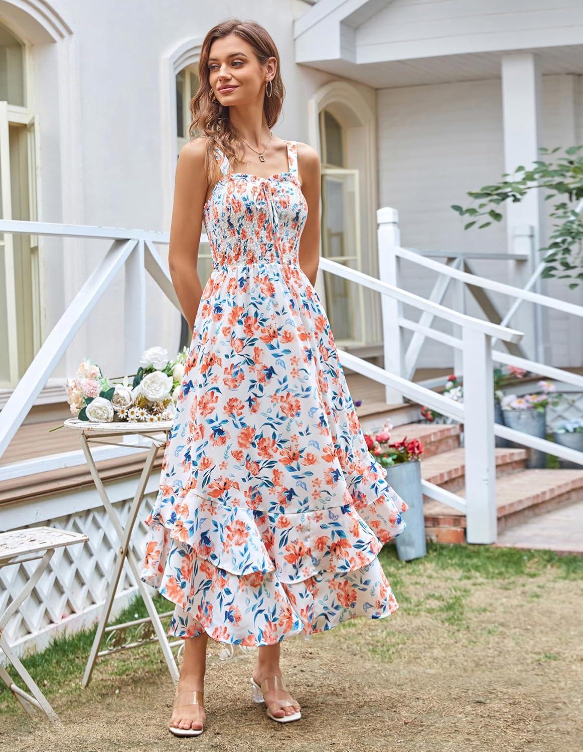 imageGRACE KARIN Womens 2025 Summer Floral Boho Dress Square Neck Strapped Swing A Line Sundress Beach Long Maxi OutfitsOrange Floral