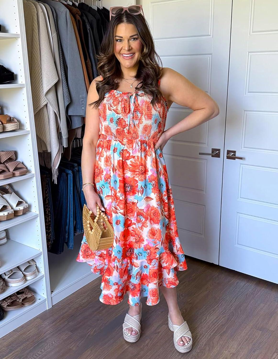 imageGRACE KARIN Womens 2025 Summer Floral Boho Dress Square Neck Strapped Swing A Line Sundress Beach Long Maxi OutfitsOrange Flower