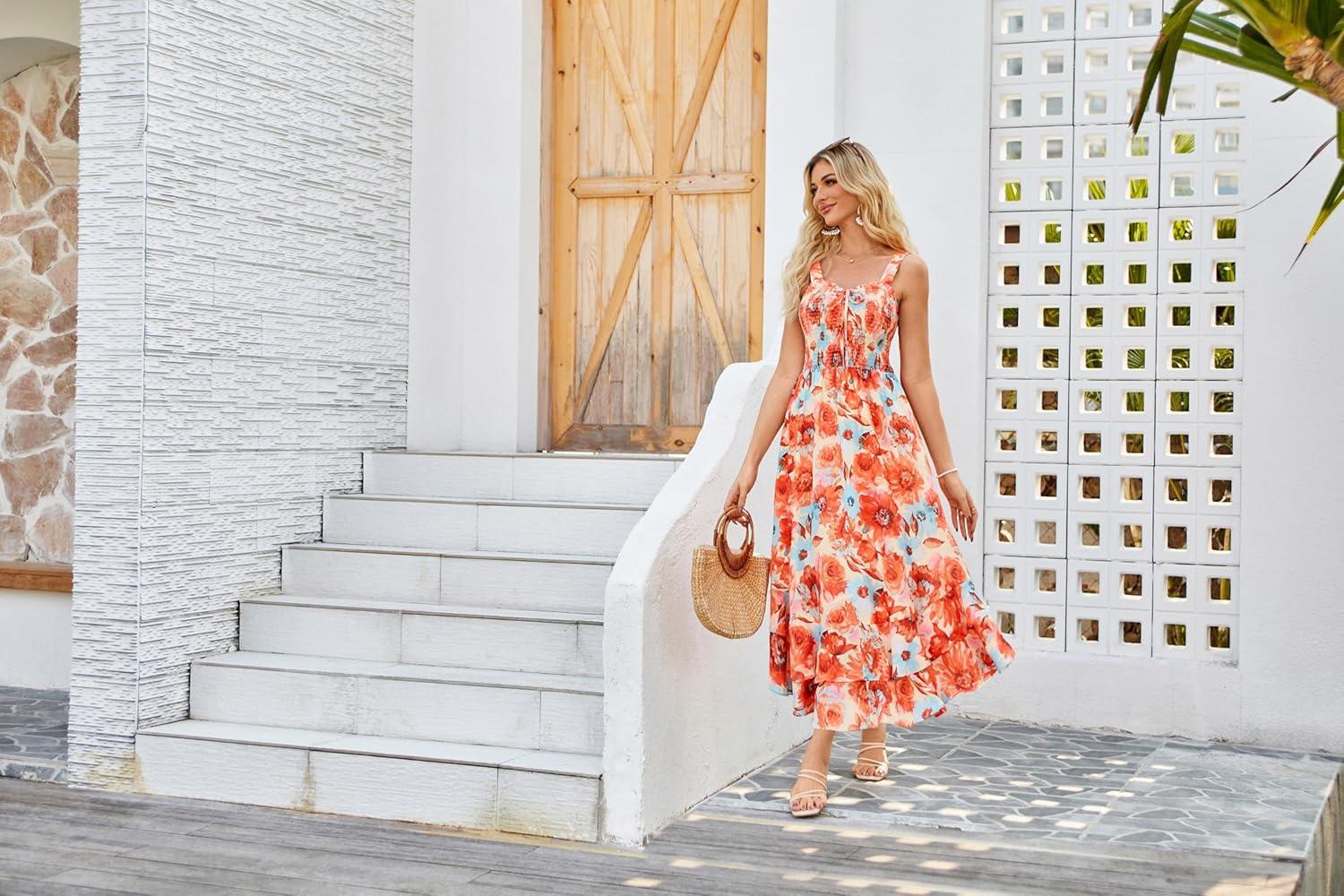 imageGRACE KARIN Womens 2025 Summer Floral Boho Dress Square Neck Strapped Swing A Line Sundress Beach Long Maxi OutfitsOrange Flower