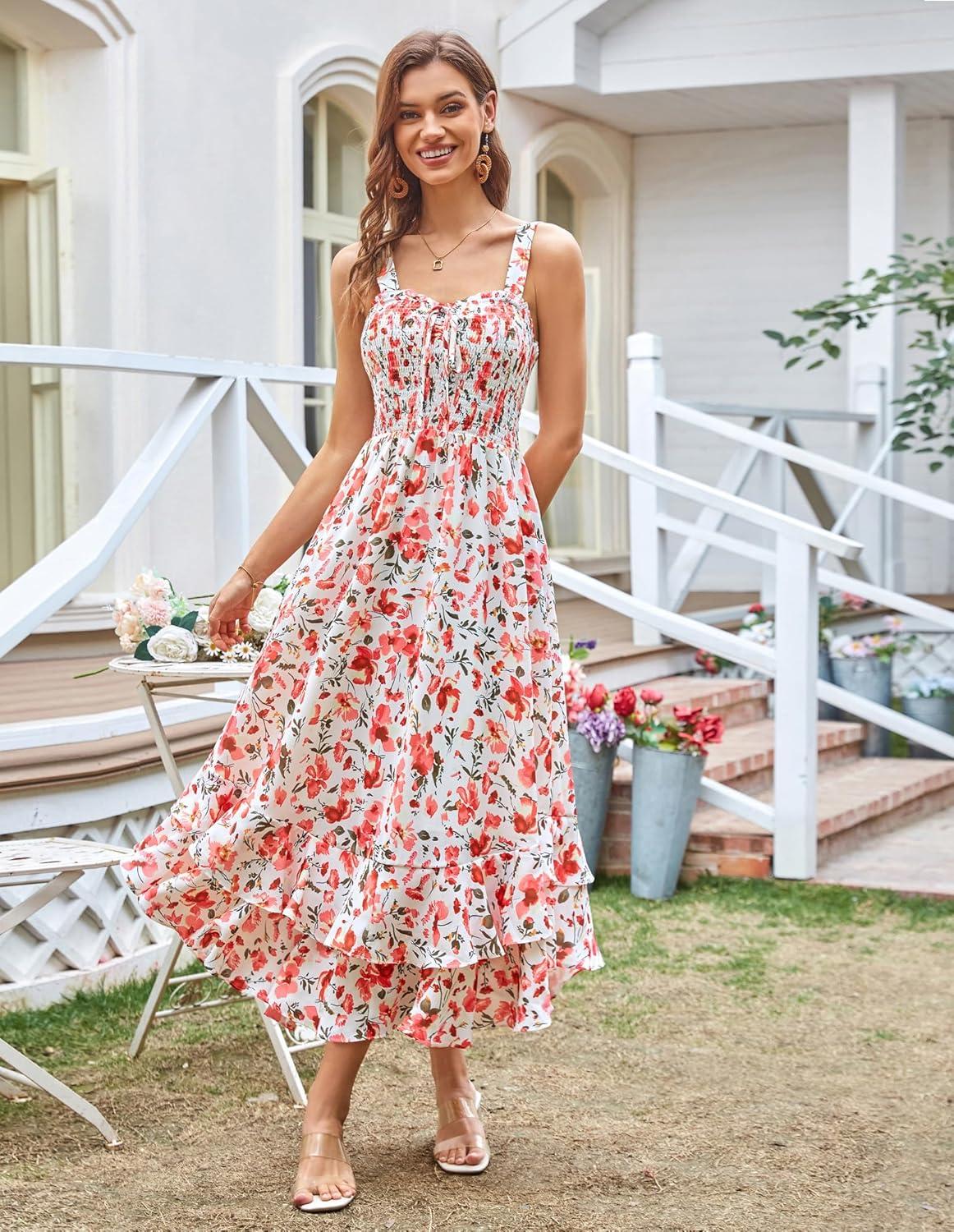 imageGRACE KARIN Womens 2025 Summer Floral Boho Dress Square Neck Strapped Swing A Line Sundress Beach Long Maxi OutfitsPink Floral