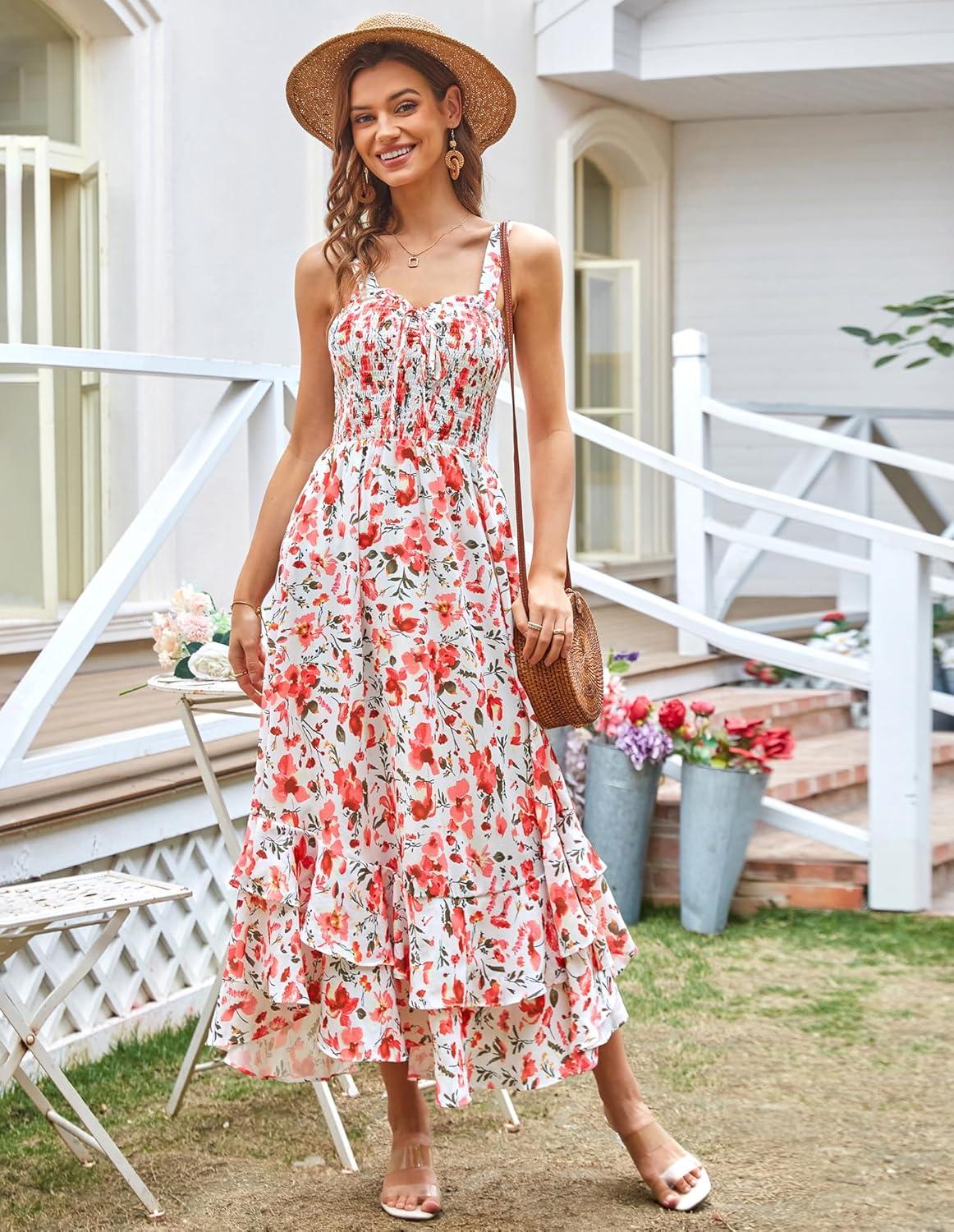imageGRACE KARIN Womens 2025 Summer Floral Boho Dress Square Neck Strapped Swing A Line Sundress Beach Long Maxi OutfitsPink Floral