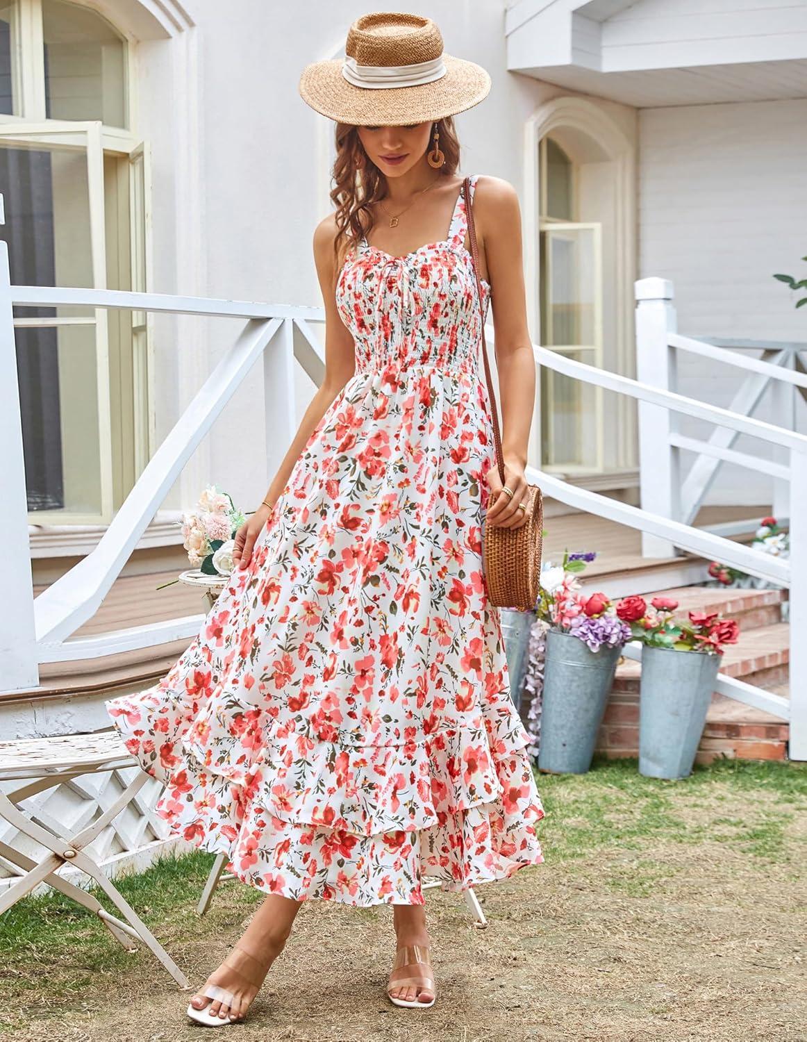 imageGRACE KARIN Womens 2025 Summer Floral Boho Dress Square Neck Strapped Swing A Line Sundress Beach Long Maxi OutfitsPink Floral