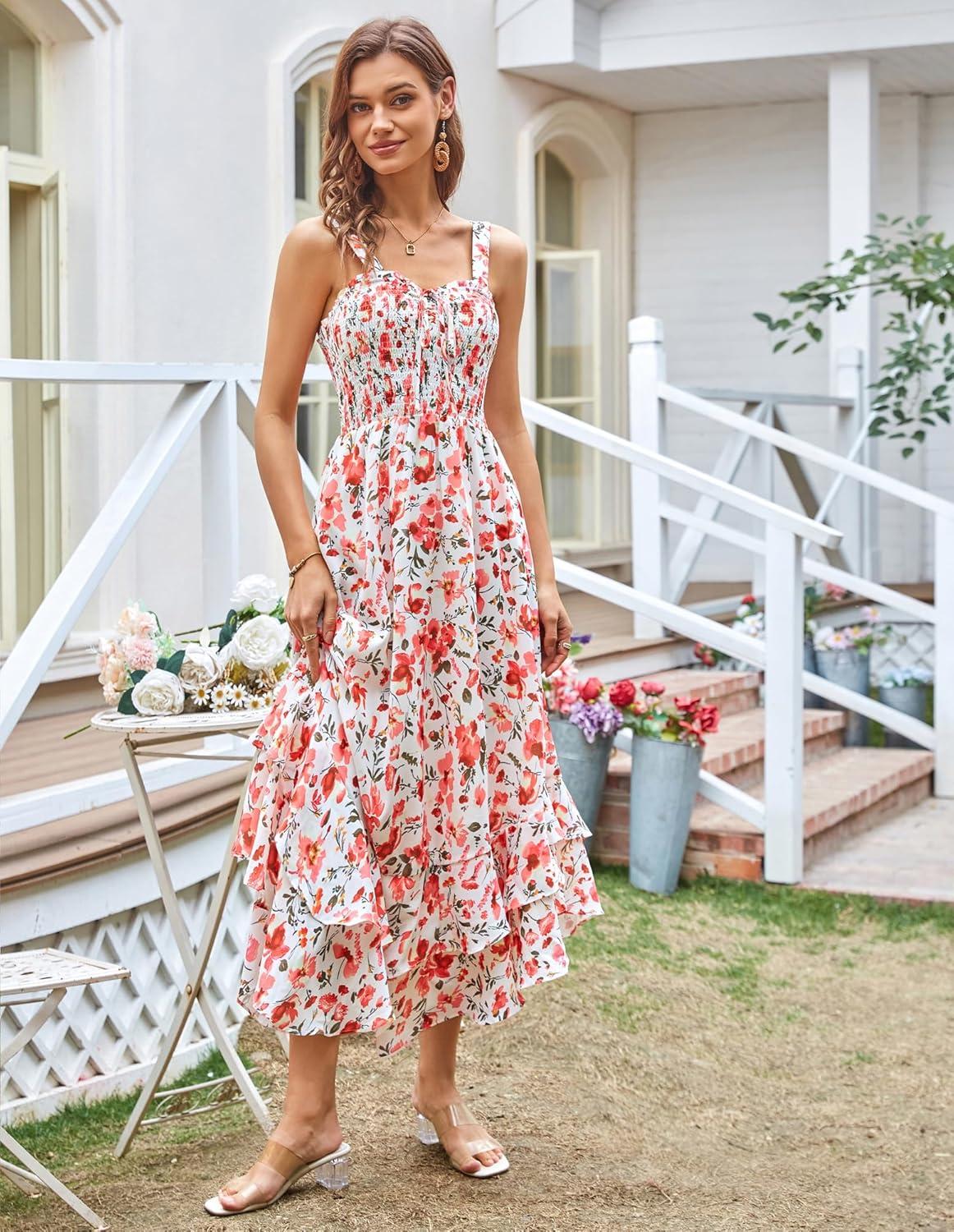 imageGRACE KARIN Womens 2025 Summer Floral Boho Dress Square Neck Strapped Swing A Line Sundress Beach Long Maxi OutfitsPink Floral