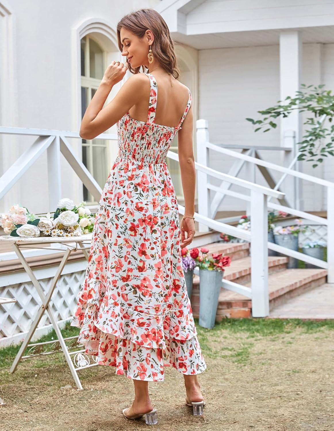 imageGRACE KARIN Womens 2025 Summer Floral Boho Dress Square Neck Strapped Swing A Line Sundress Beach Long Maxi OutfitsPink Floral