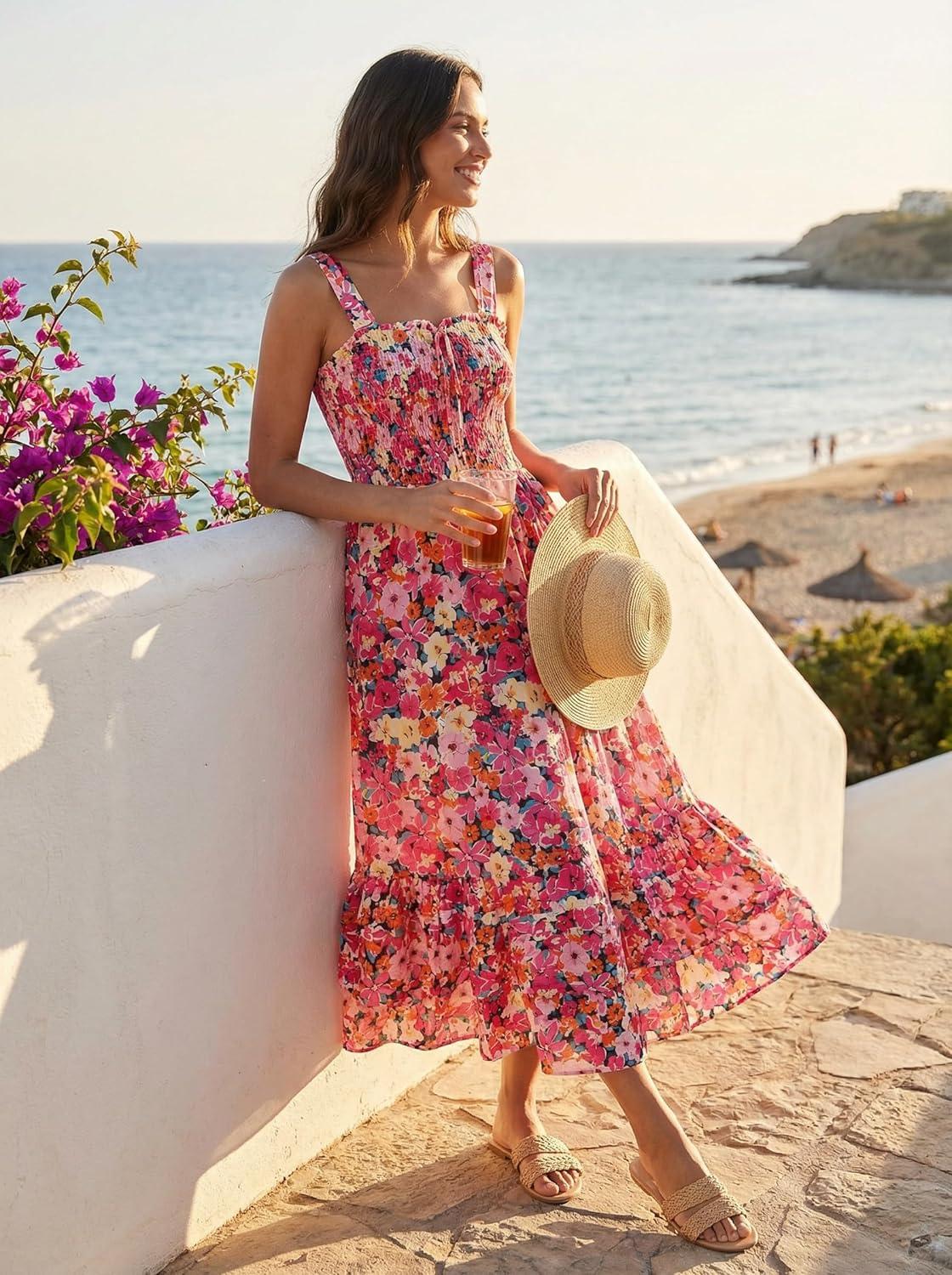 imageGRACE KARIN Womens 2025 Summer Floral Boho Dress Square Neck Strapped Swing A Line Sundress Beach Long Maxi OutfitsPink Orange