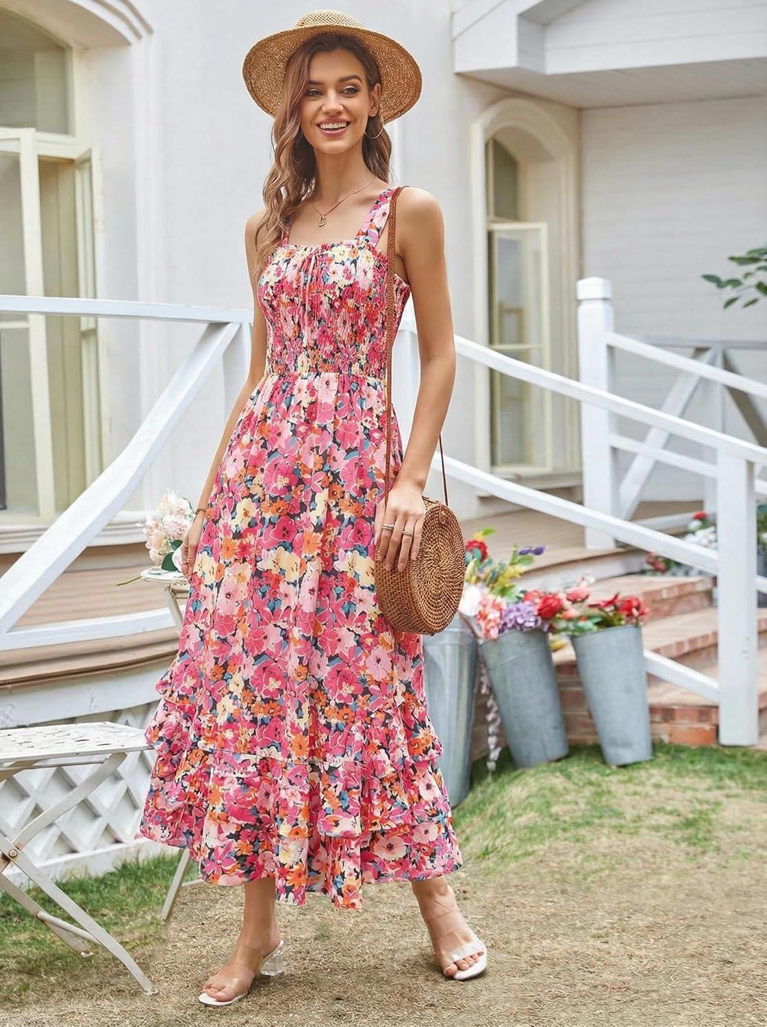 imageGRACE KARIN Womens 2025 Summer Floral Boho Dress Square Neck Strapped Swing A Line Sundress Beach Long Maxi OutfitsPink Orange