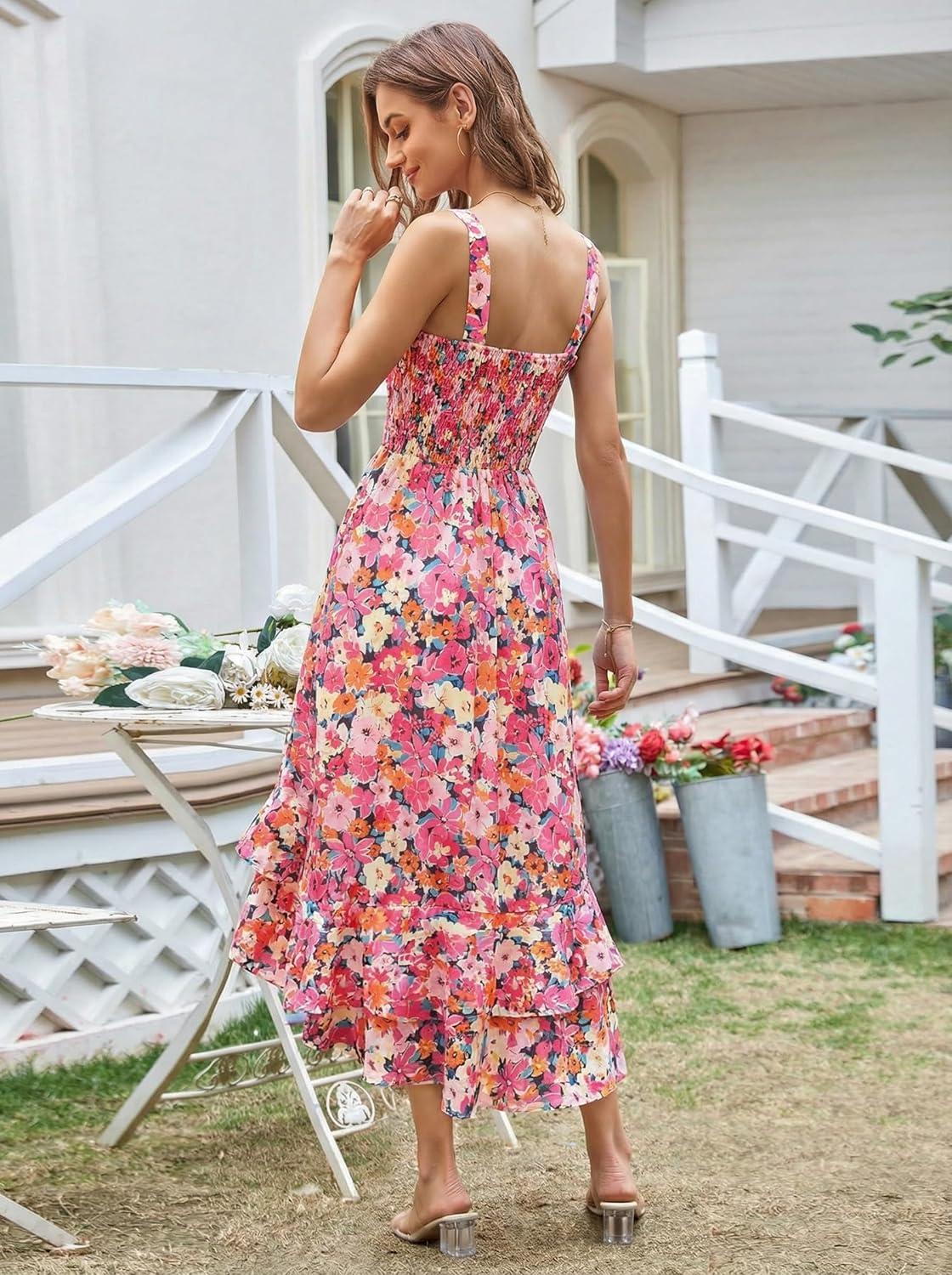 imageGRACE KARIN Womens 2025 Summer Floral Boho Dress Square Neck Strapped Swing A Line Sundress Beach Long Maxi OutfitsPink Orange