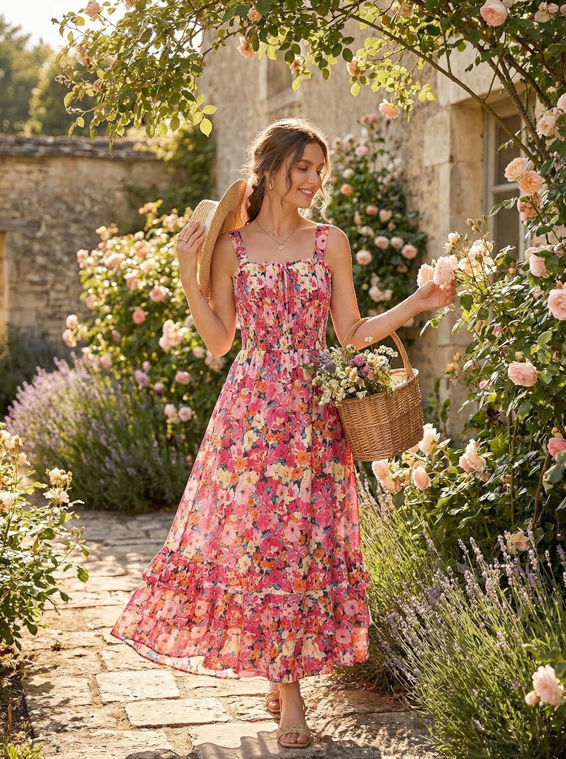 imageGRACE KARIN Womens 2025 Summer Floral Boho Dress Square Neck Strapped Swing A Line Sundress Beach Long Maxi OutfitsPink Orange