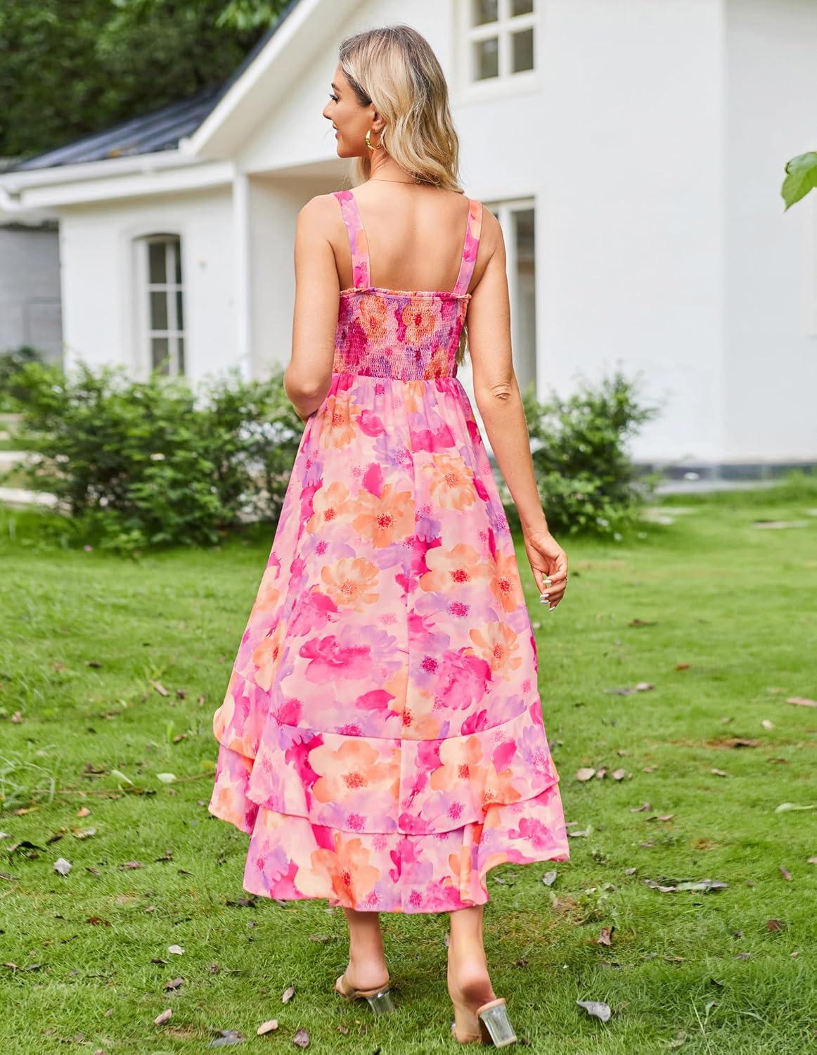 imageGRACE KARIN Womens 2025 Summer Floral Boho Dress Square Neck Strapped Swing A Line Sundress Beach Long Maxi OutfitsPink Yellow