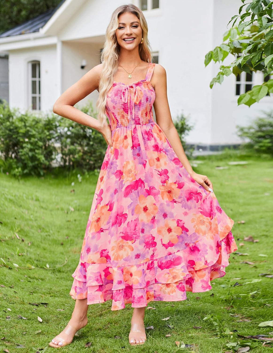 imageGRACE KARIN Womens 2025 Summer Floral Boho Dress Square Neck Strapped Swing A Line Sundress Beach Long Maxi OutfitsPink Yellow