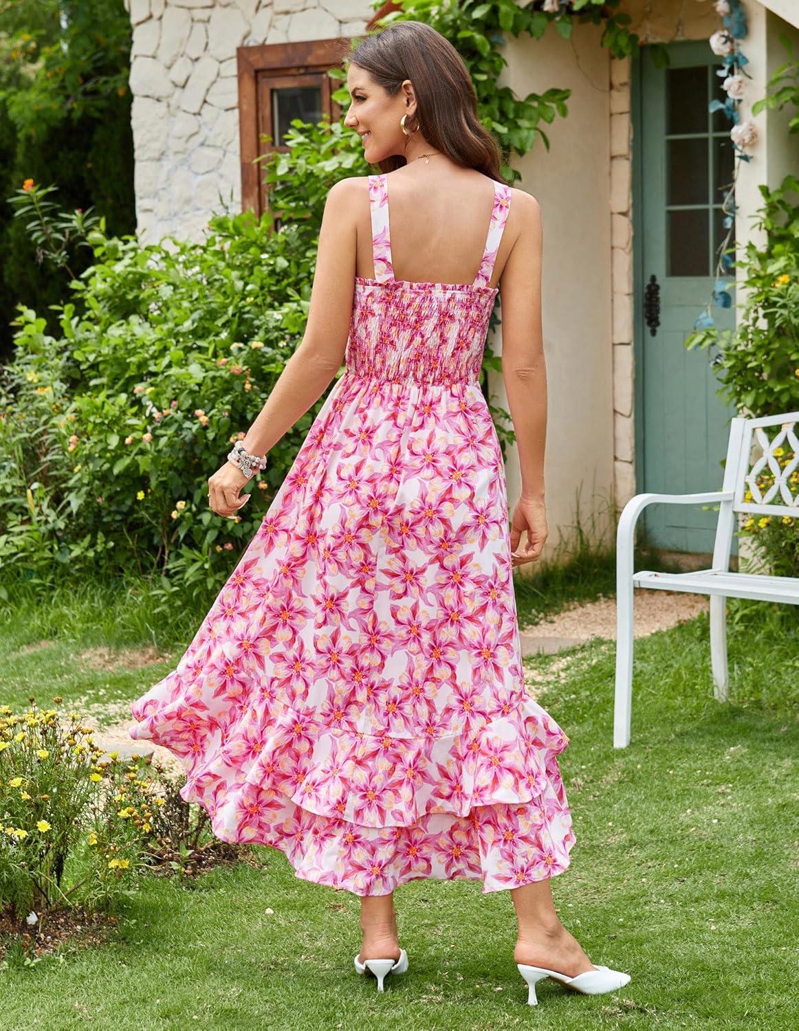 imageGRACE KARIN Womens 2025 Summer Floral Boho Dress Square Neck Strapped Swing A Line Sundress Beach Long Maxi OutfitsPink Yellow Floral
