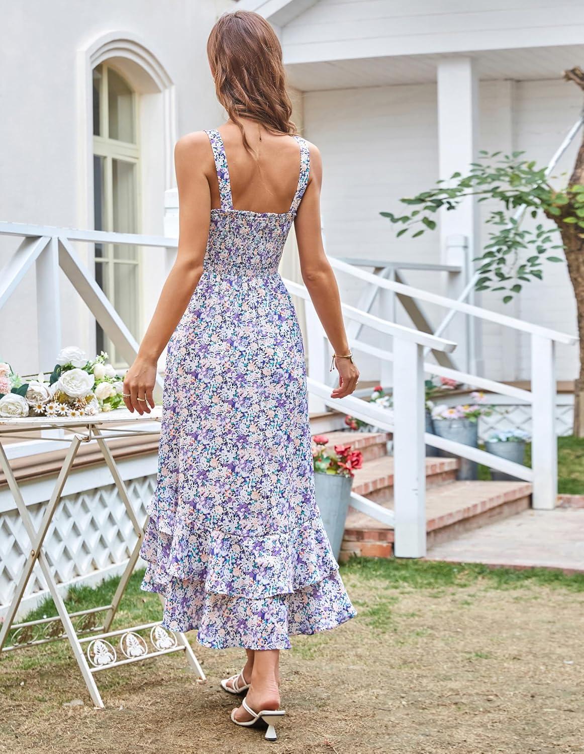 imageGRACE KARIN Womens 2025 Summer Floral Boho Dress Square Neck Strapped Swing A Line Sundress Beach Long Maxi OutfitsPurple Floral