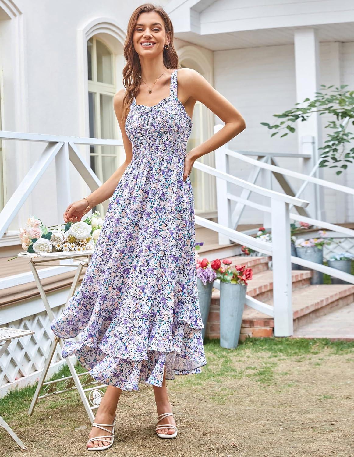 imageGRACE KARIN Womens 2025 Summer Floral Boho Dress Square Neck Strapped Swing A Line Sundress Beach Long Maxi OutfitsPurple Floral