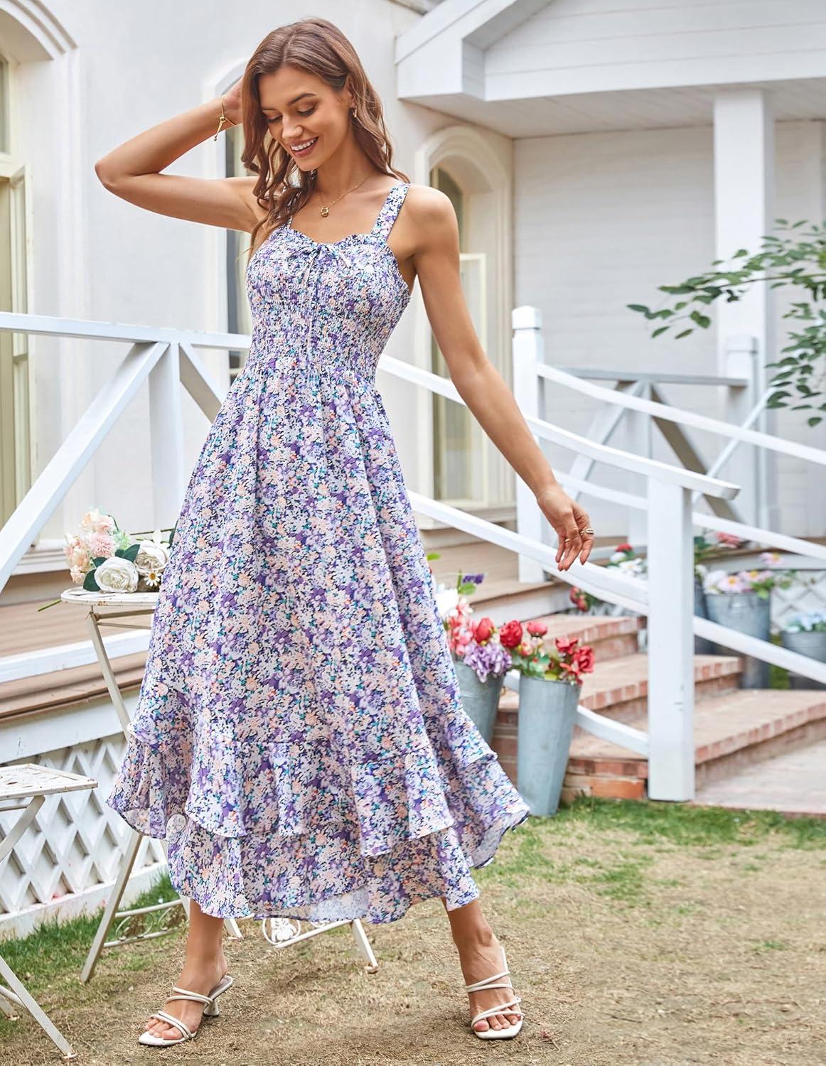 imageGRACE KARIN Womens 2025 Summer Floral Boho Dress Square Neck Strapped Swing A Line Sundress Beach Long Maxi OutfitsPurple Floral