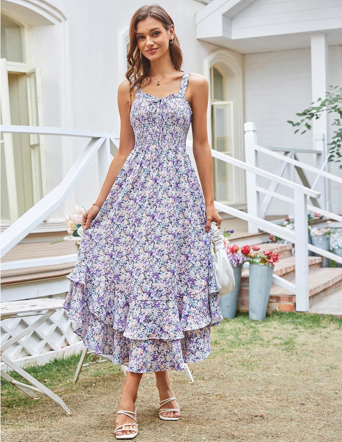imageGRACE KARIN Womens 2025 Summer Floral Boho Dress Square Neck Strapped Swing A Line Sundress Beach Long Maxi OutfitsPurple Floral