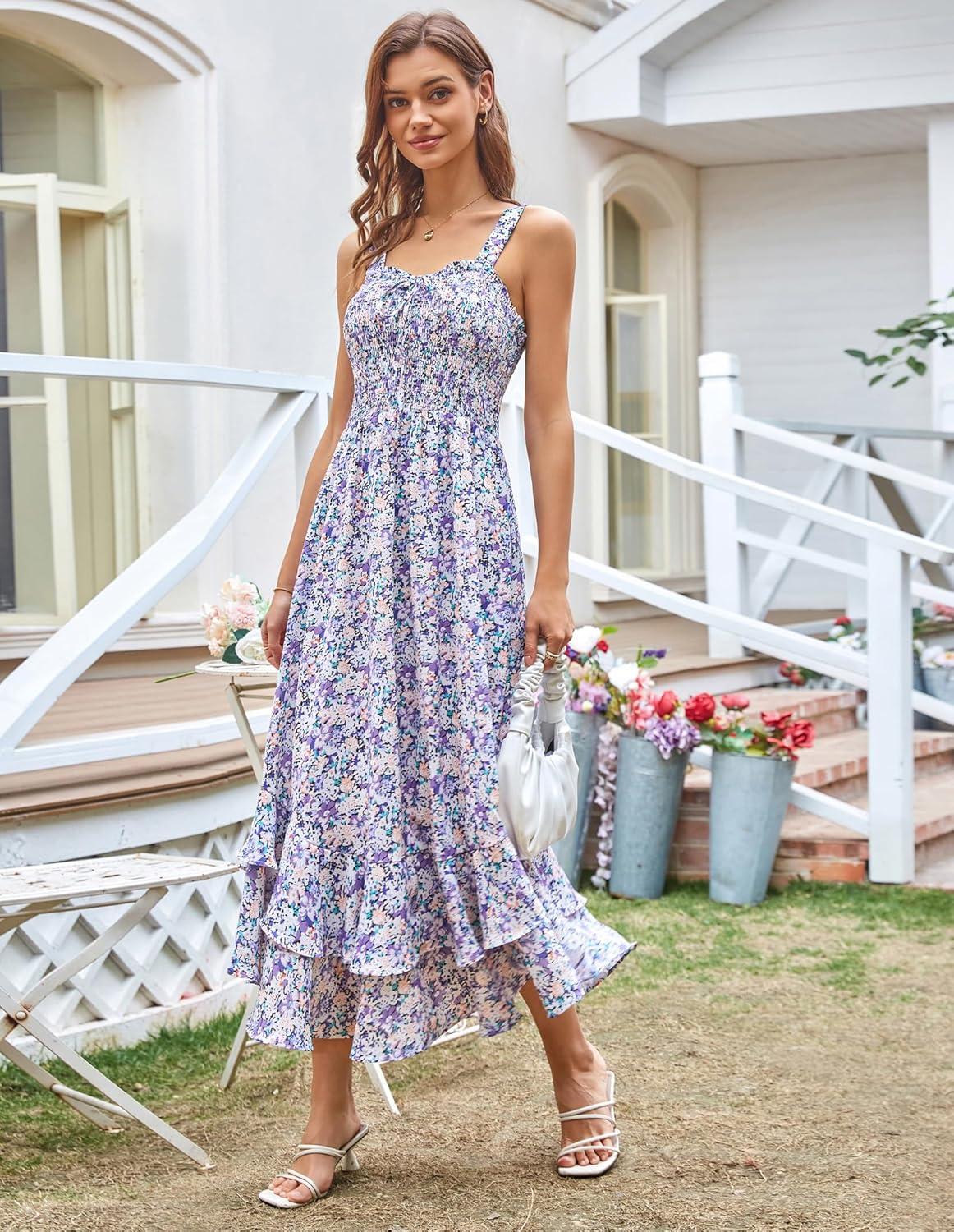 imageGRACE KARIN Womens 2025 Summer Floral Boho Dress Square Neck Strapped Swing A Line Sundress Beach Long Maxi OutfitsPurple Floral