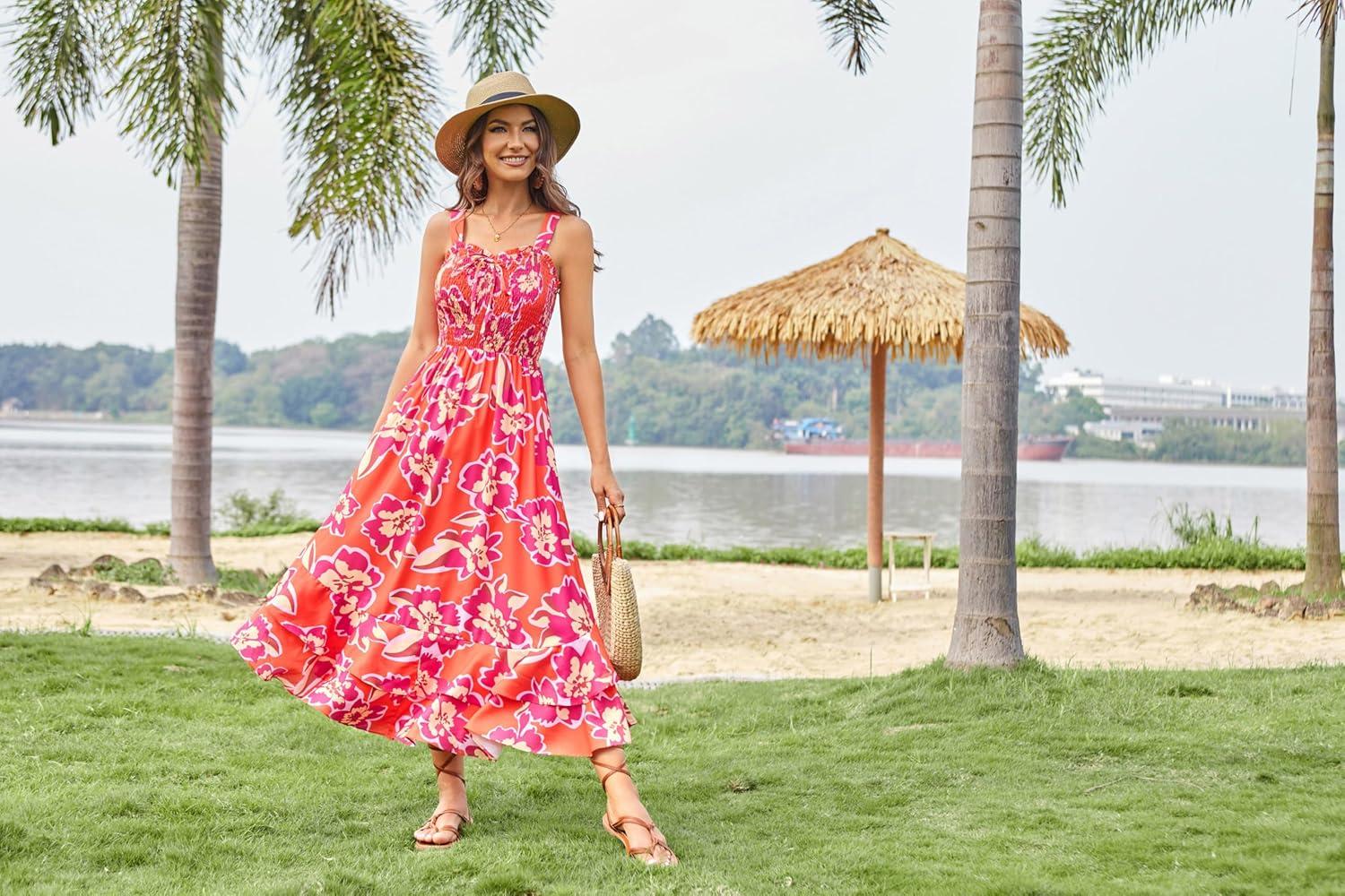 imageGRACE KARIN Womens 2025 Summer Floral Boho Dress Square Neck Strapped Swing A Line Sundress Beach Long Maxi OutfitsPurple Orange