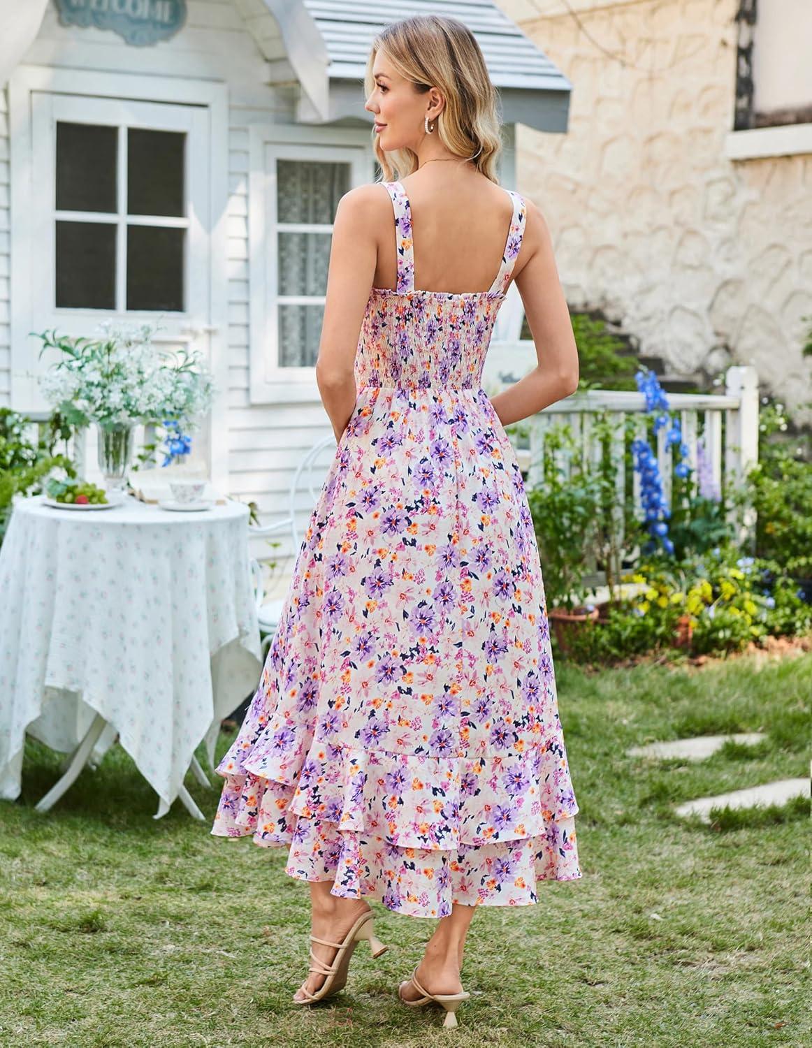 imageGRACE KARIN Womens 2025 Summer Floral Boho Dress Square Neck Strapped Swing A Line Sundress Beach Long Maxi OutfitsPurple Yellow