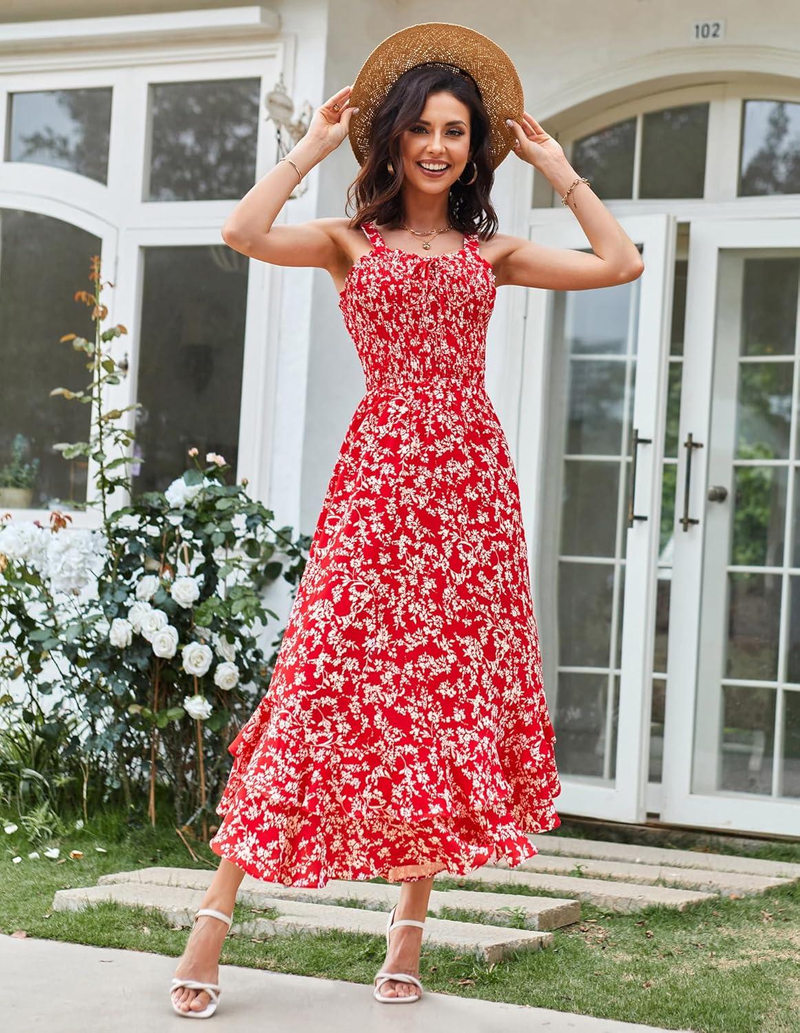 imageGRACE KARIN Womens 2025 Summer Floral Boho Dress Square Neck Strapped Swing A Line Sundress Beach Long Maxi OutfitsRed