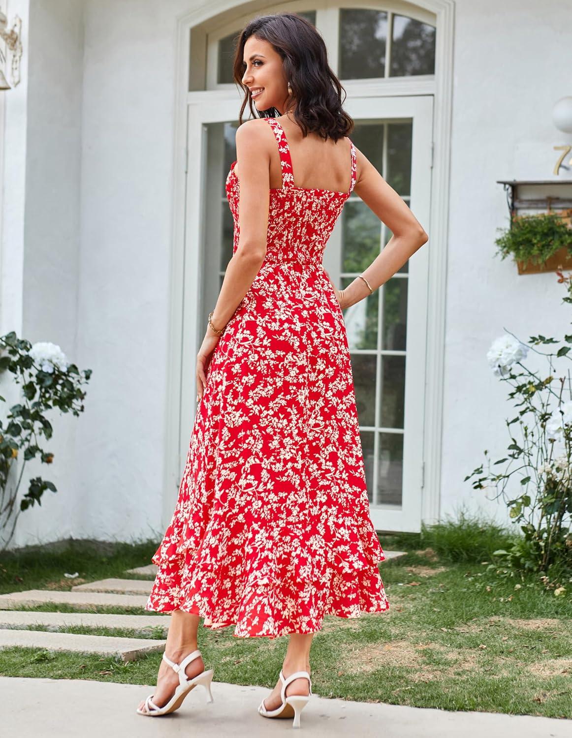 imageGRACE KARIN Womens 2025 Summer Floral Boho Dress Square Neck Strapped Swing A Line Sundress Beach Long Maxi OutfitsRed