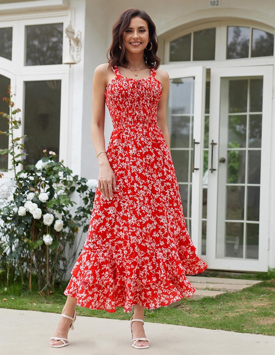 imageGRACE KARIN Womens 2025 Summer Floral Boho Dress Square Neck Strapped Swing A Line Sundress Beach Long Maxi OutfitsRed