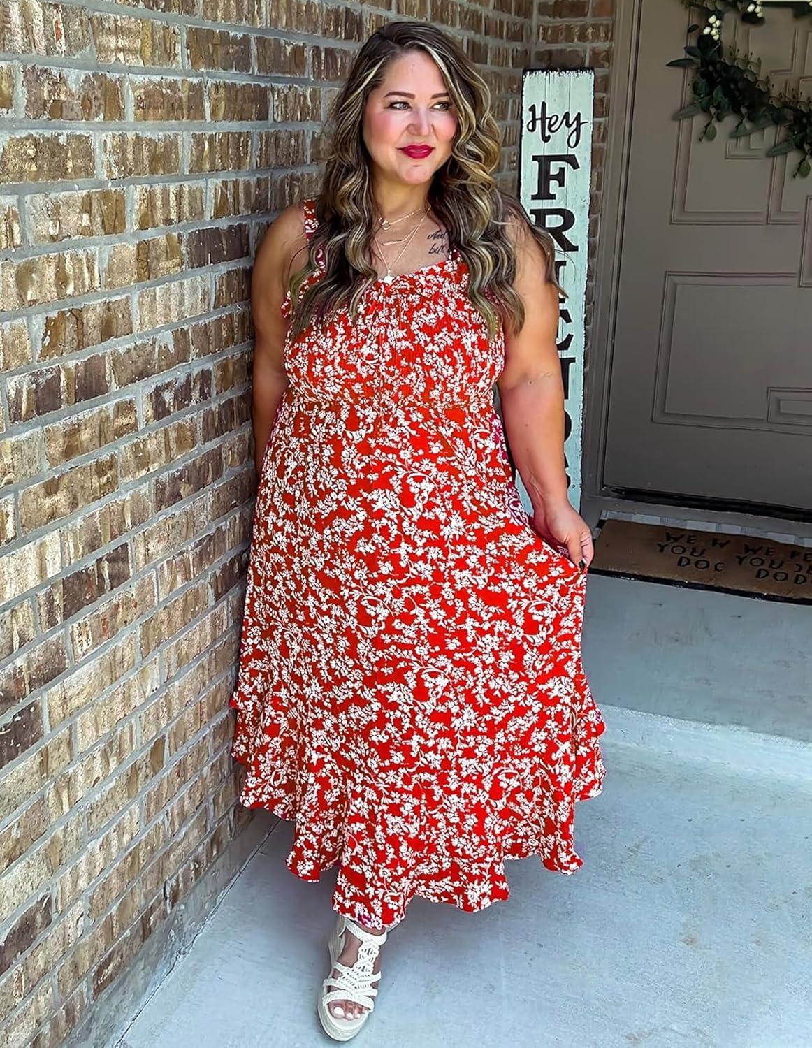 imageGRACE KARIN Womens 2025 Summer Floral Boho Dress Square Neck Strapped Swing A Line Sundress Beach Long Maxi OutfitsRed