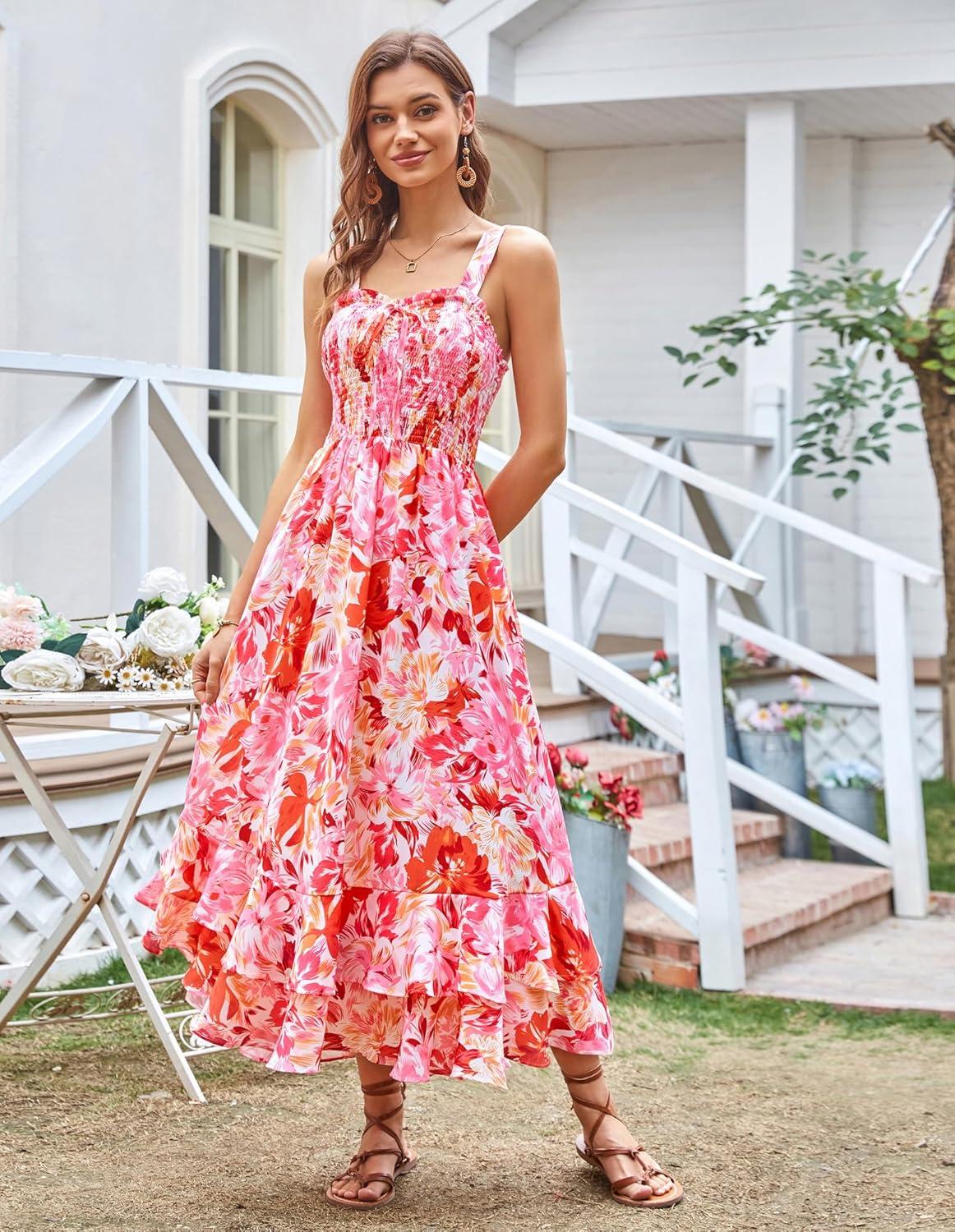 imageGRACE KARIN Womens 2025 Summer Floral Boho Dress Square Neck Strapped Swing A Line Sundress Beach Long Maxi OutfitsRed Pink