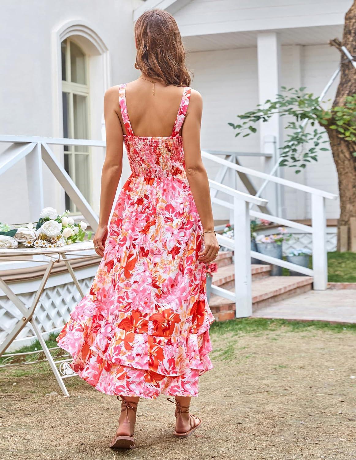 imageGRACE KARIN Womens 2025 Summer Floral Boho Dress Square Neck Strapped Swing A Line Sundress Beach Long Maxi OutfitsRed Pink