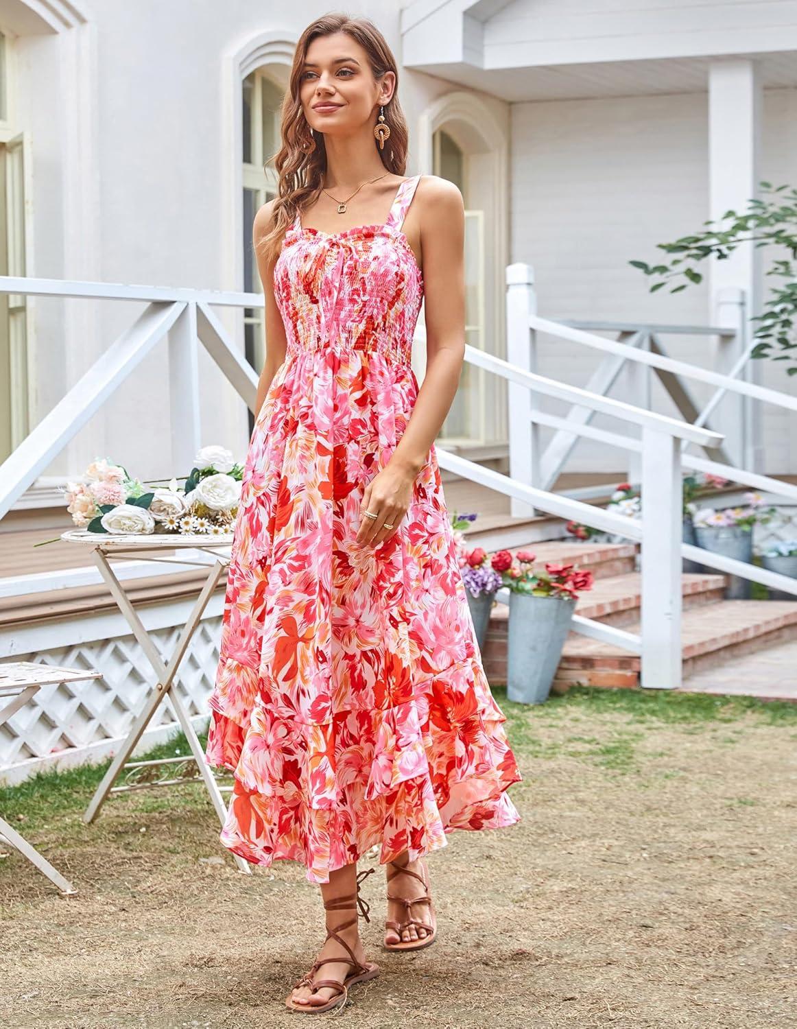 imageGRACE KARIN Womens 2025 Summer Floral Boho Dress Square Neck Strapped Swing A Line Sundress Beach Long Maxi OutfitsRed Pink