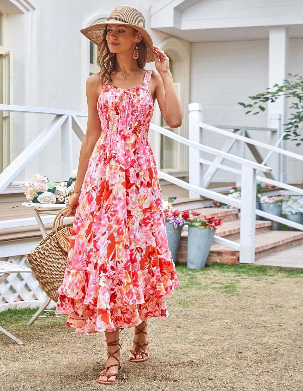 imageGRACE KARIN Womens 2025 Summer Floral Boho Dress Square Neck Strapped Swing A Line Sundress Beach Long Maxi OutfitsRed Pink