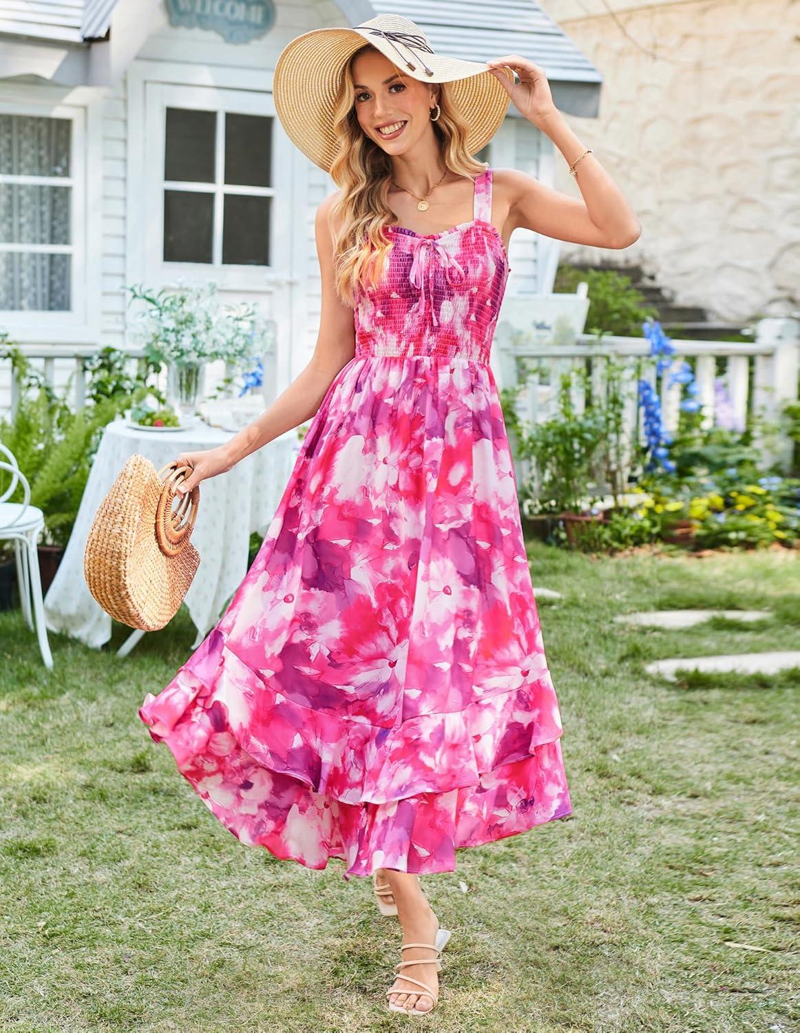 imageGRACE KARIN Womens 2025 Summer Floral Boho Dress Square Neck Strapped Swing A Line Sundress Beach Long Maxi OutfitsRose Purple