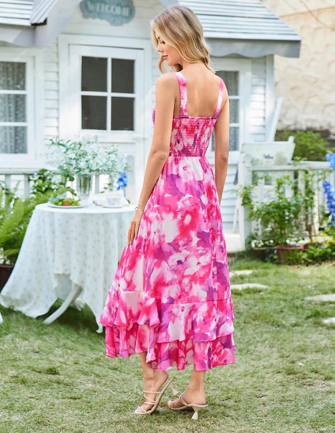 imageGRACE KARIN Womens 2025 Summer Floral Boho Dress Square Neck Strapped Swing A Line Sundress Beach Long Maxi OutfitsRose Purple
