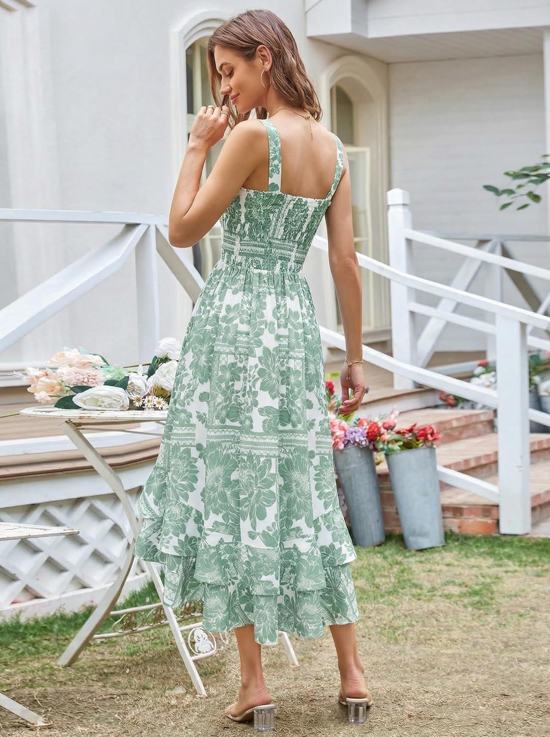 imageGRACE KARIN Womens 2025 Summer Floral Boho Dress Square Neck Strapped Swing A Line Sundress Beach Long Maxi OutfitsWhite Green
