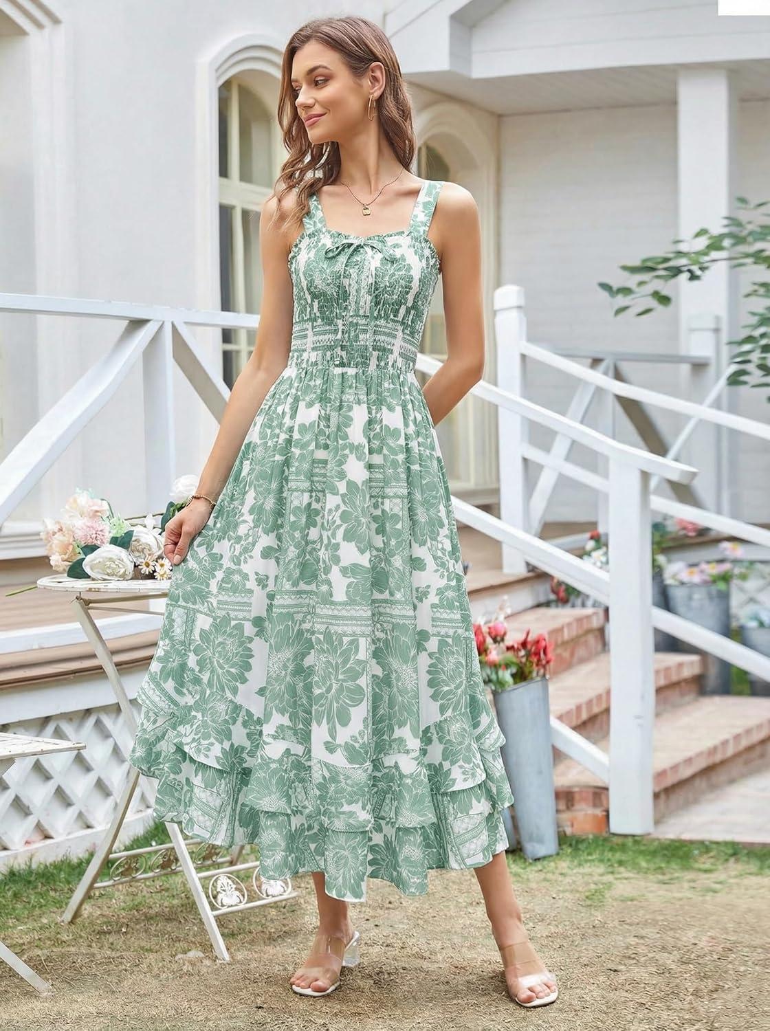 imageGRACE KARIN Womens 2025 Summer Floral Boho Dress Square Neck Strapped Swing A Line Sundress Beach Long Maxi OutfitsWhite Green