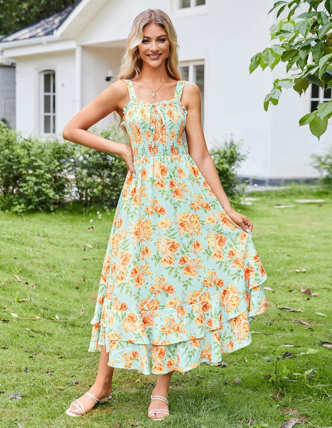 imageGRACE KARIN Womens 2025 Summer Floral Boho Dress Square Neck Strapped Swing A Line Sundress Beach Long Maxi OutfitsYellow Floral