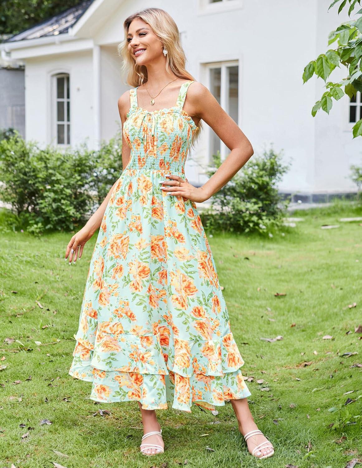 imageGRACE KARIN Womens 2025 Summer Floral Boho Dress Square Neck Strapped Swing A Line Sundress Beach Long Maxi OutfitsYellow Floral