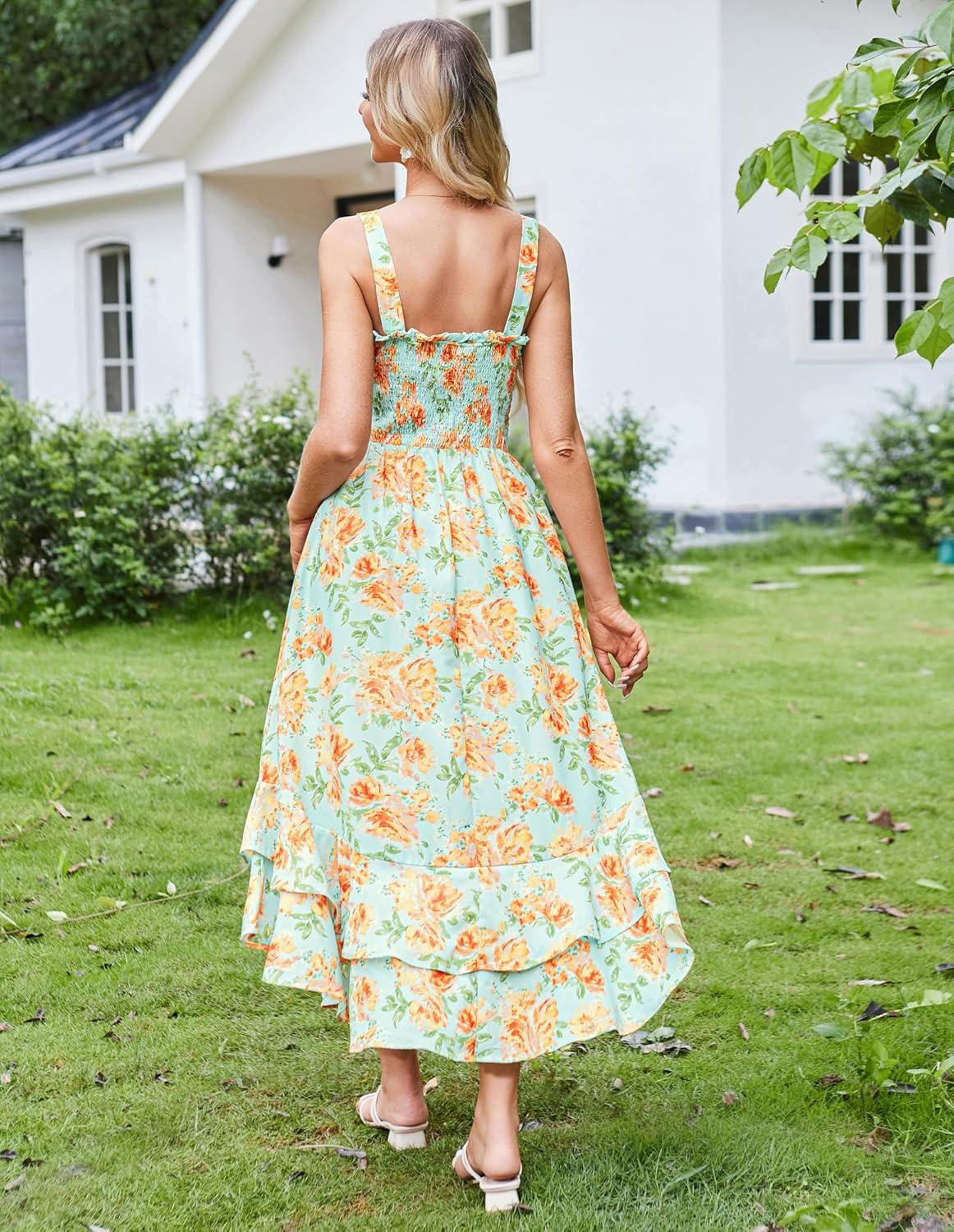 imageGRACE KARIN Womens 2025 Summer Floral Boho Dress Square Neck Strapped Swing A Line Sundress Beach Long Maxi OutfitsYellow Floral