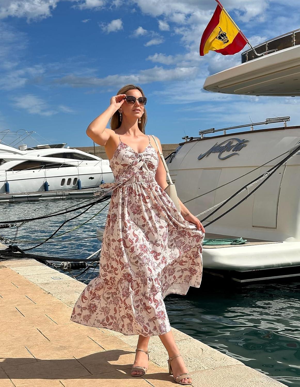 imageGRACE KARIN Womens 2026 Summer Maxi Dress Floral Tie Front Spaghetti Strap Casual Boho Beach Flowy Sundress with PocketsBeige Boho Flowers