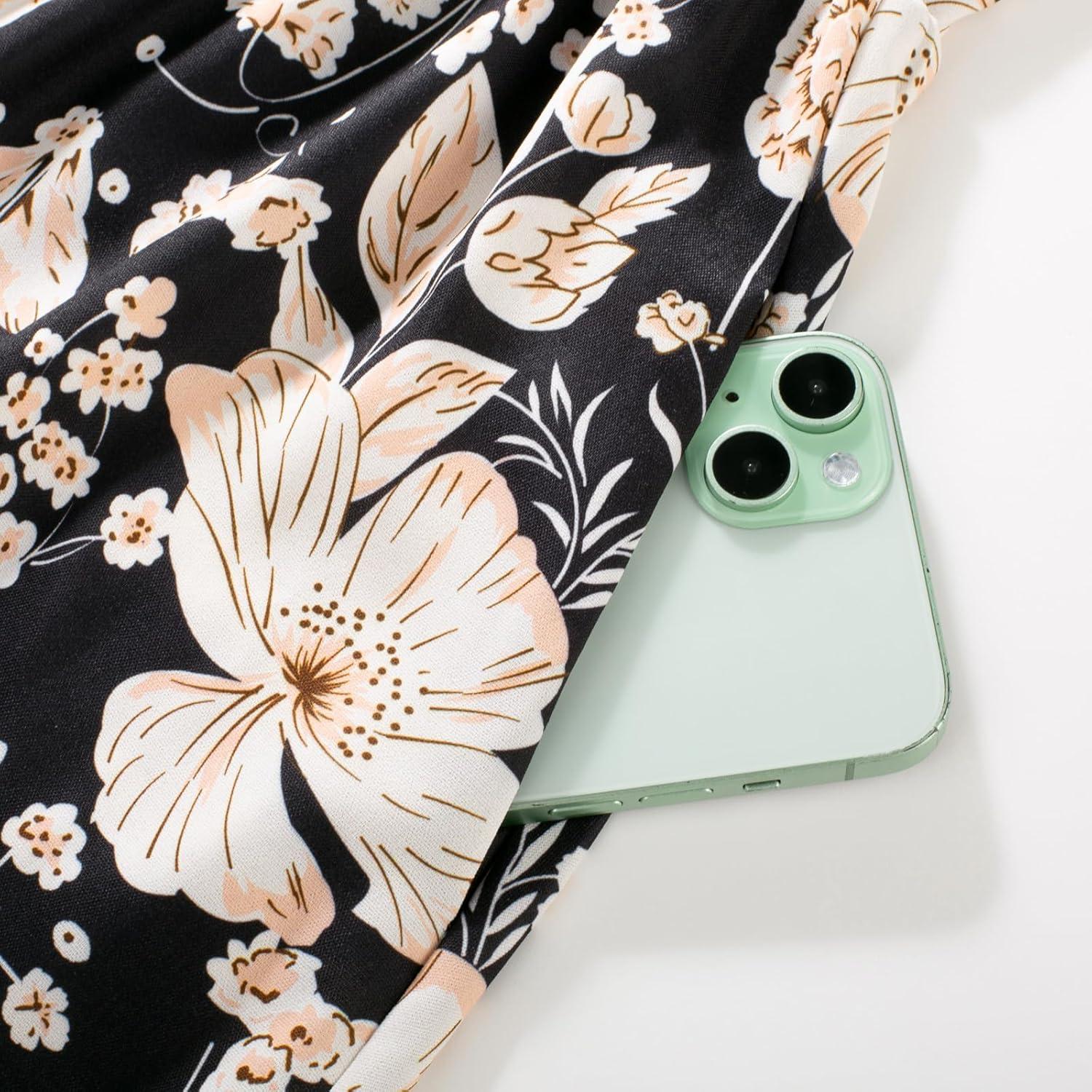 imageGRACE KARIN Womens 2026 Summer Maxi Dress Floral Tie Front Spaghetti Strap Casual Boho Beach Flowy Sundress with PocketsBlack Beige Floral