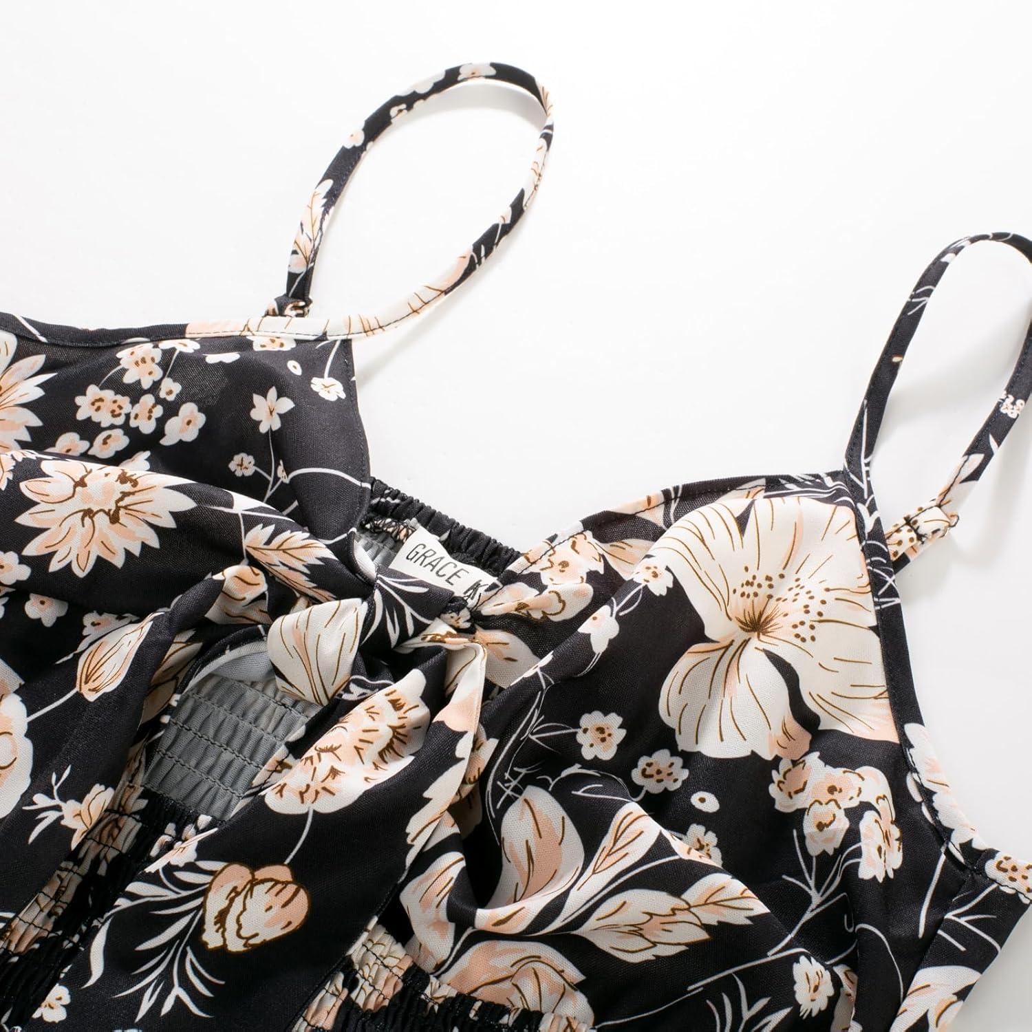 imageGRACE KARIN Womens 2026 Summer Maxi Dress Floral Tie Front Spaghetti Strap Casual Boho Beach Flowy Sundress with PocketsBlack Beige Floral