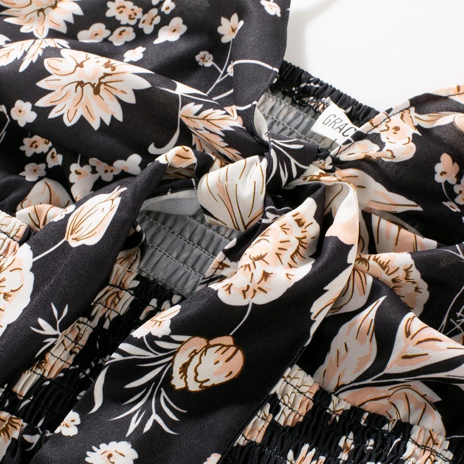 imageGRACE KARIN Womens 2026 Summer Maxi Dress Floral Tie Front Spaghetti Strap Casual Boho Beach Flowy Sundress with PocketsBlack Beige Floral